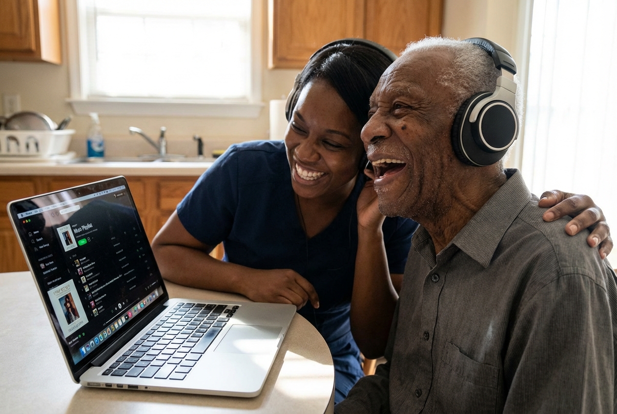 Older person and caregiver sharing a joyful moment